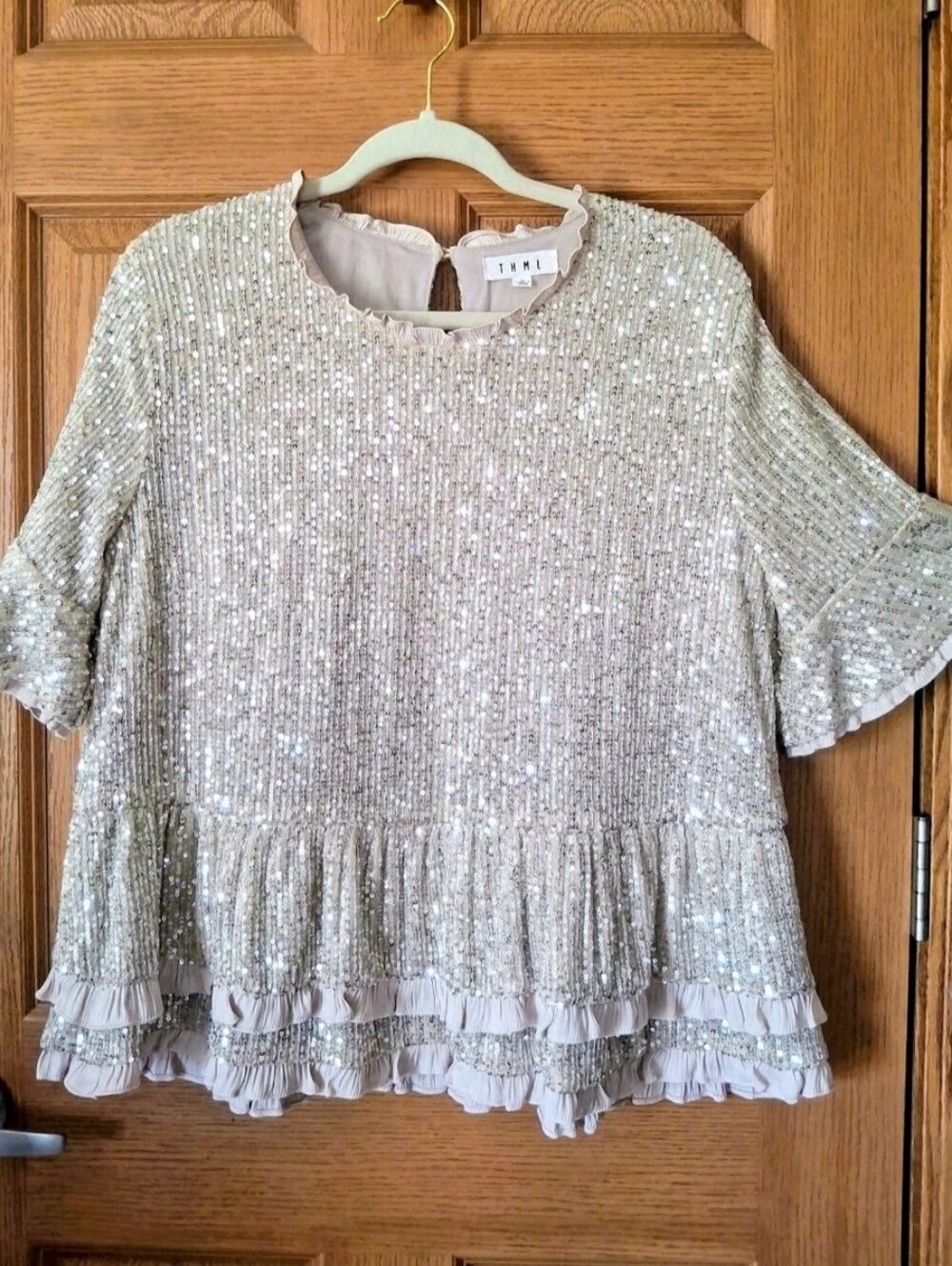 THML Cream Sequin Peplum Ruffle Top (L)